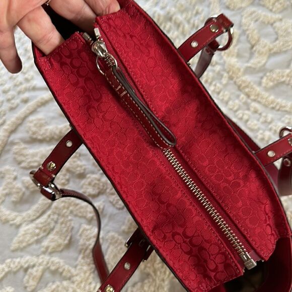Coach Galaxy Tote Signature Canvas Red Silver Hardware Bag Purse - Picture 14 of 15